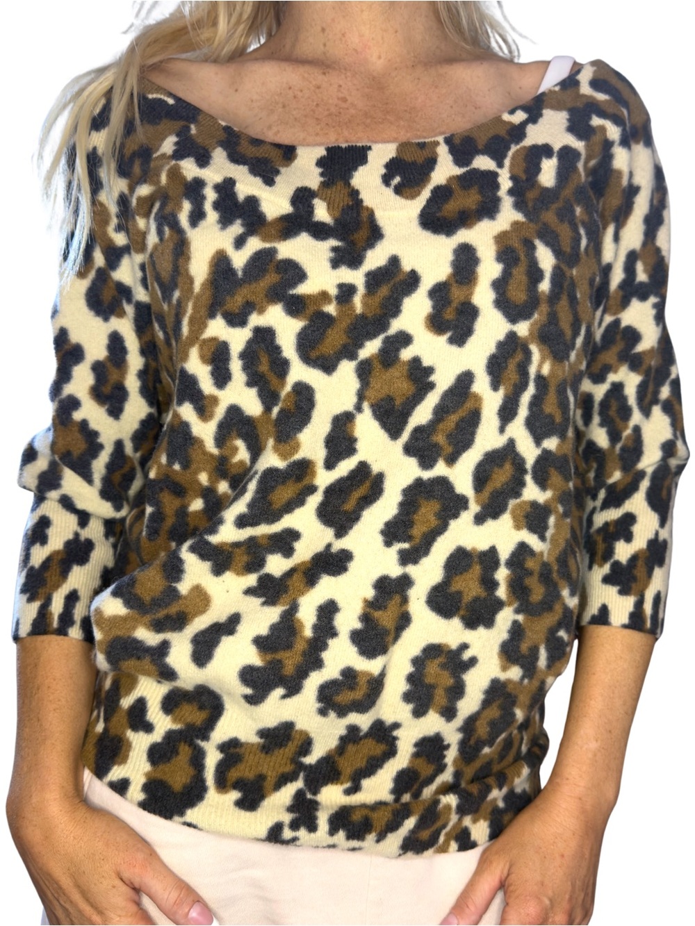 NWOT* LUCKY BRAND ☘️ Off-Shoulder Scoop-Neck Wool/Cashmere Leopard Print Sweater